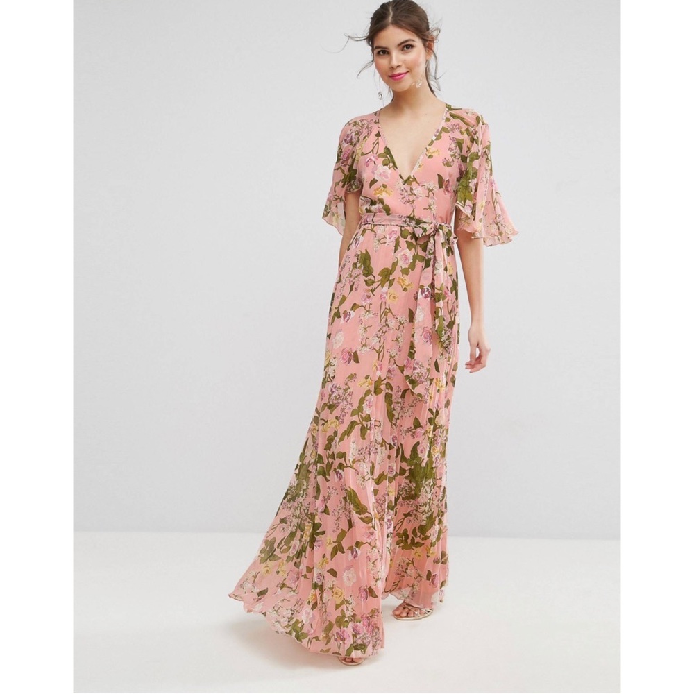 ASOS Floral Pleated Flutter Sleeve Maxi Dress Size 2 Pink Terracotta Rose Design